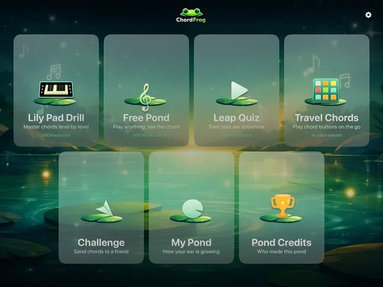 ChordFrog’s game menu on iPad in landscape — seven cards: Lily Pad Drill, Free Pond, Leap Quiz and Travel Chords on the top row, Challenge, My Pond and Pond Credits below
